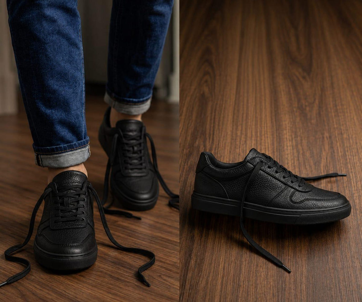 Men's Black Full Grain Leather Handmade Sneakers – Comfortable Walking Shoes