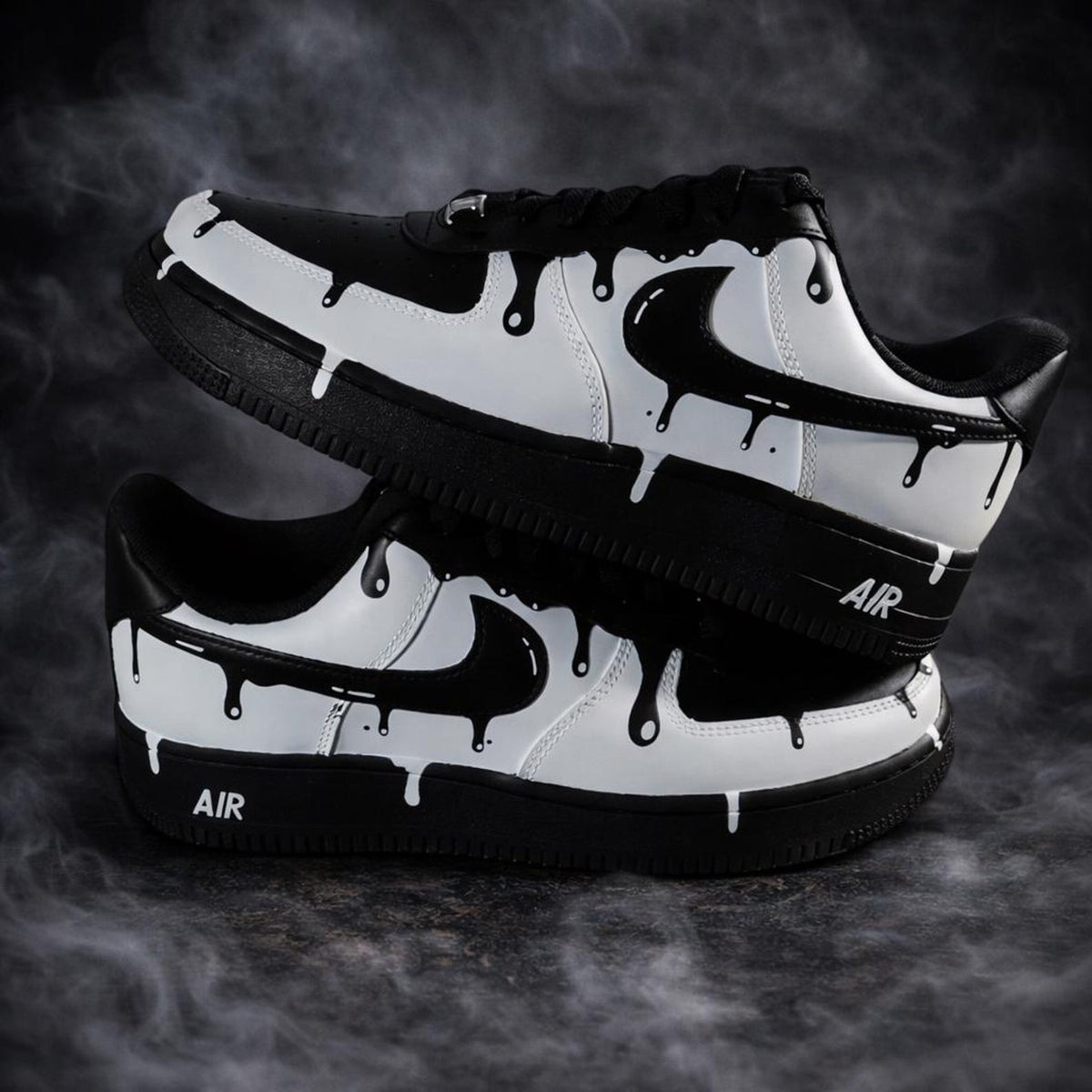 Custom Hand-Painted Black Drip Sneakers, Monochrome Cartoon Art, Matte Finish (Low Top)