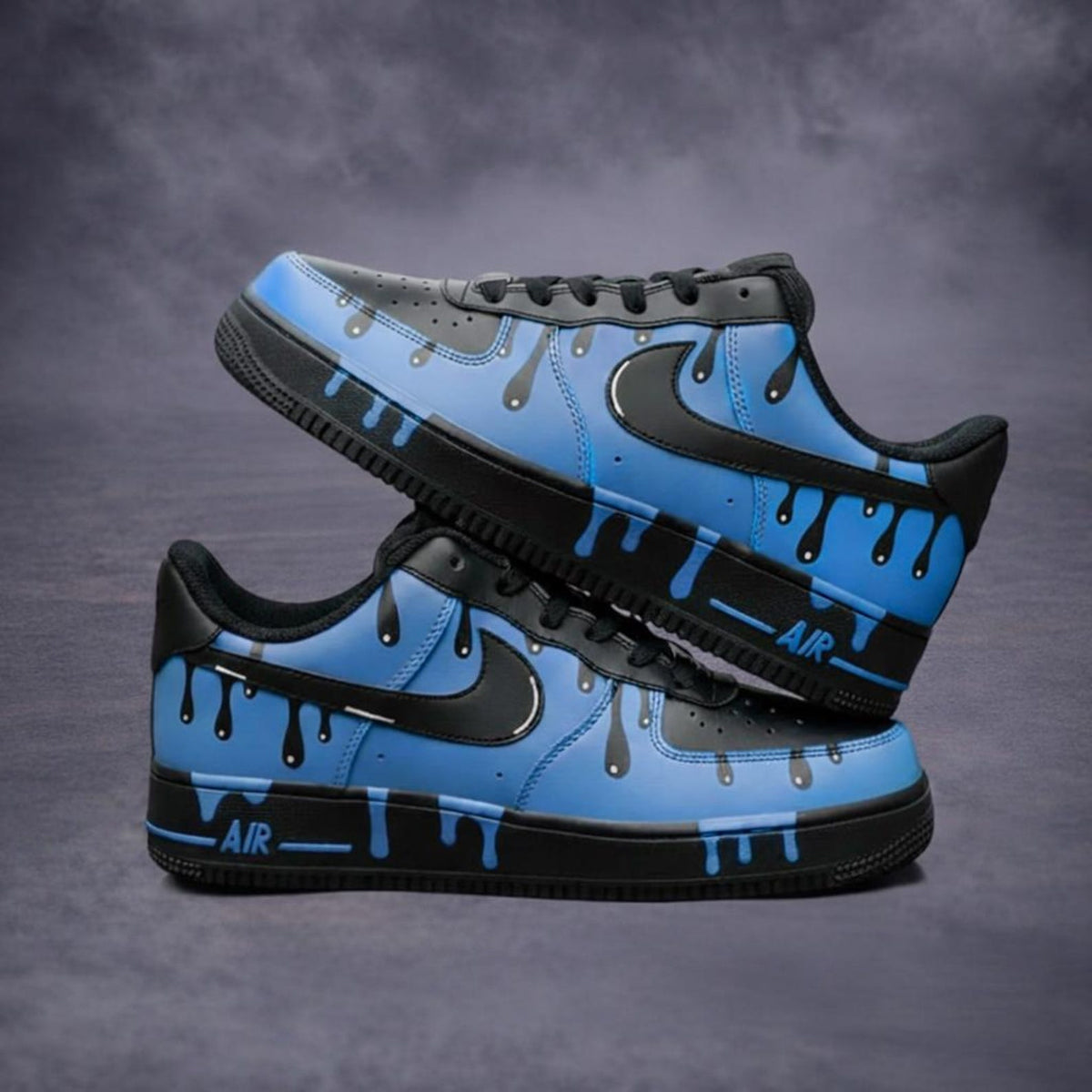 Custom Hand-Painted AF1 Sneakers, Blue Black Drip Art, Streetwear Gift