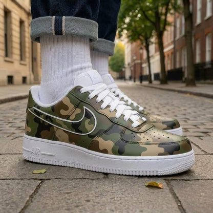 Camo Custom Sneakers, Hand Painted Shoes, Green Camouflage Design, Streetwear Footwear