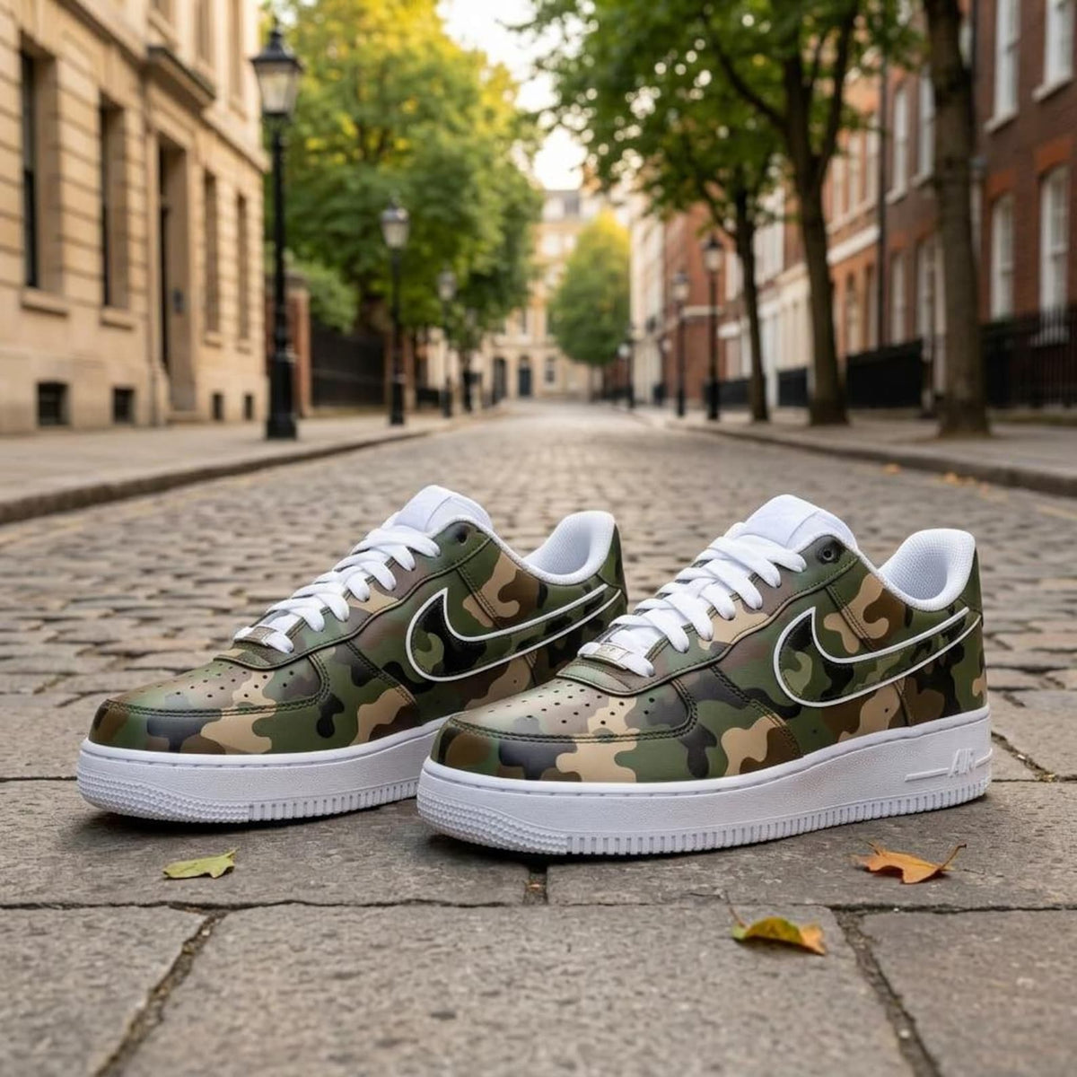 Camo Custom Sneakers, Hand Painted Shoes, Green Camouflage Design, Streetwear Footwear
