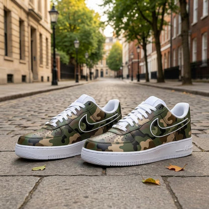 Camo Custom Sneakers, Hand Painted Shoes, Green Camouflage Design, Streetwear Footwear