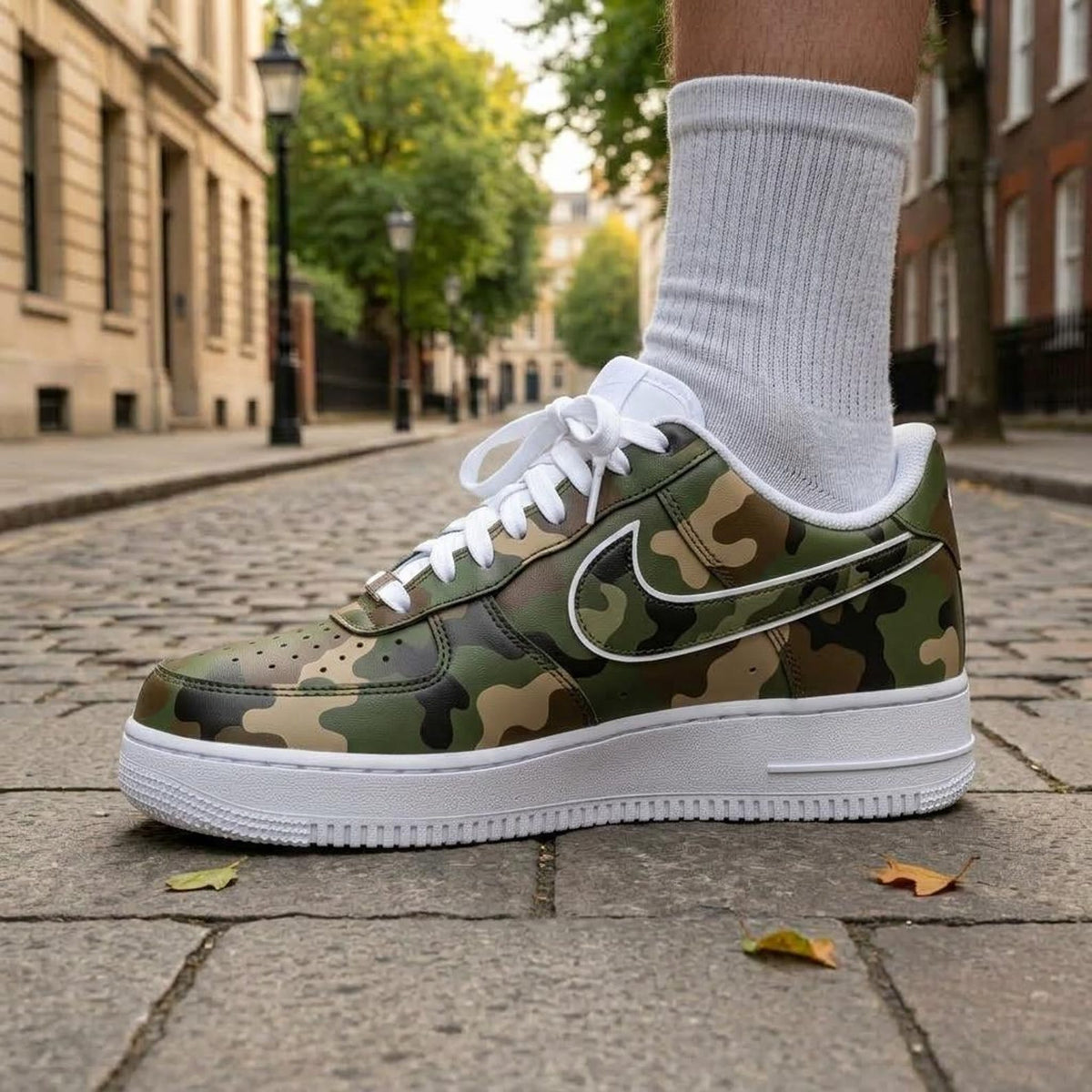 Camo Custom Sneakers, Hand Painted Shoes, Green Camouflage Design, Streetwear Footwear