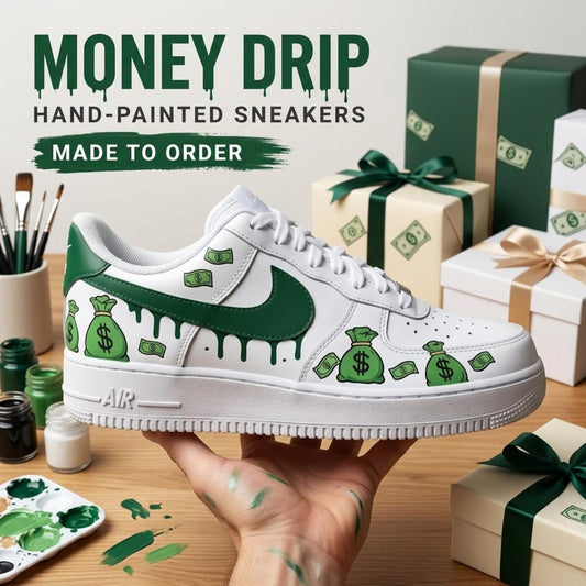 Money Drip Custom Sneakers, Hand Painted Shoes, Dollar Art, Green Streetwear, Unique Footwear Gift