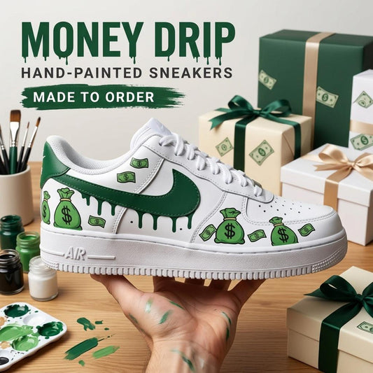 Money Drip Custom Sneakers, Hand Painted Shoes, Dollar Art, Green Streetwear, Unique Footwear Gift