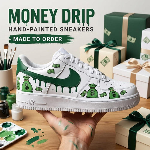 Money Drip Custom Sneakers, Hand Painted Shoes, Dollar Art, Green Streetwear, Unique Footwear Gift