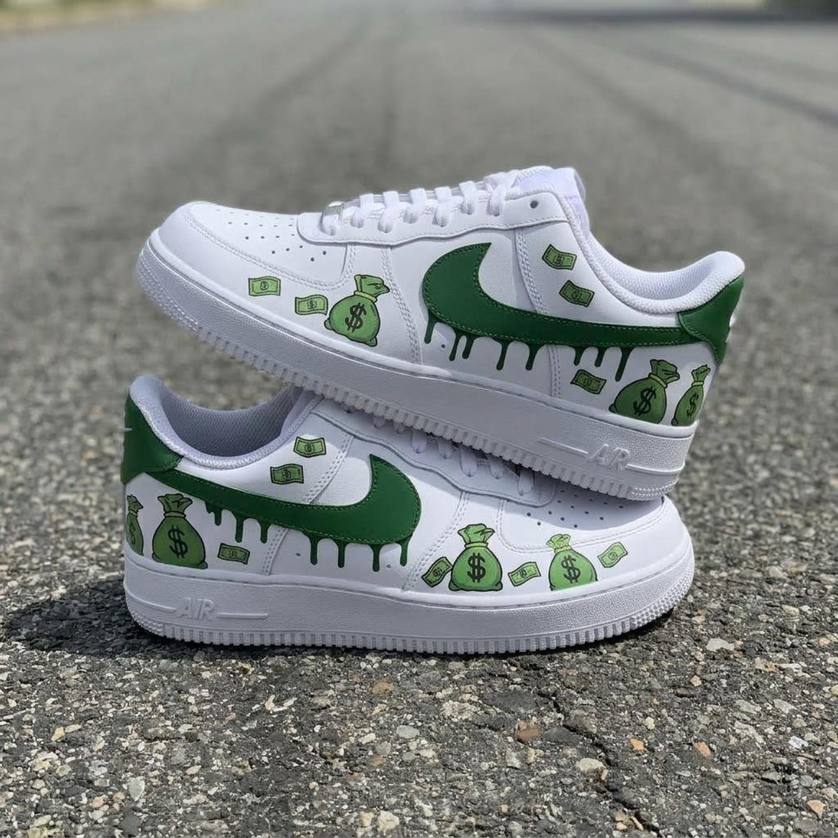 Money Drip Custom Sneakers, Hand Painted Shoes, Dollar Art, Green Streetwear, Unique Footwear Gift