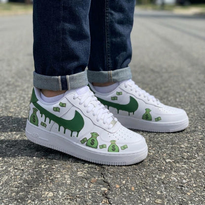 Money Drip Custom Sneakers, Hand Painted Shoes, Dollar Art, Green Streetwear, Unique Footwear Gift