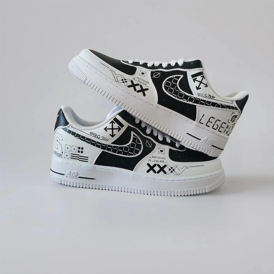 Custom White AF1 Printstream – Hand Painted Abstract Digital Camouflage, Unique Sneakers, Cyberpunk Streetwear Shoes for Gamers