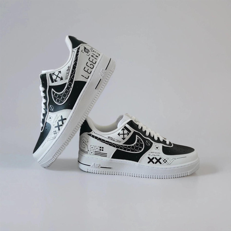 Custom White AF1 Printstream – Hand Painted Abstract Digital Camouflage, Unique Sneakers, Cyberpunk Streetwear Shoes for Gamers