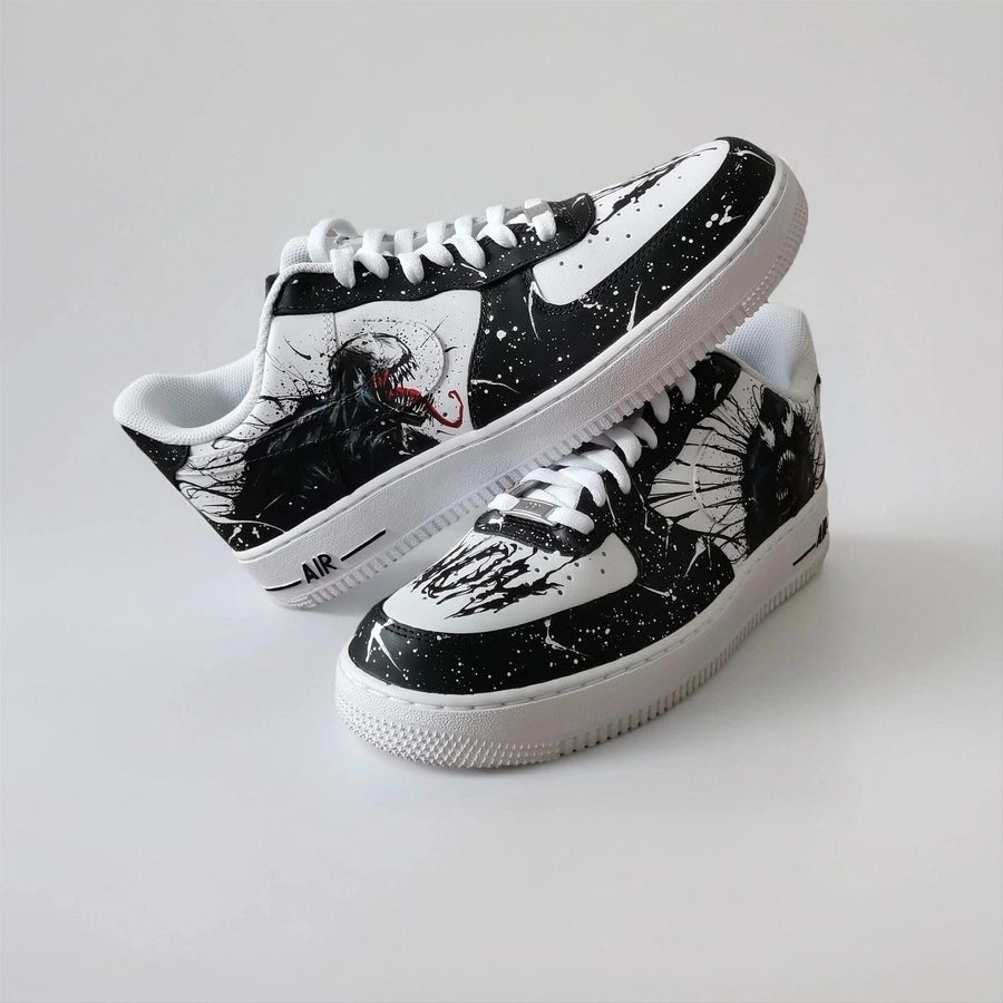 Custom Sneakers – White AF1 with Black Tendrils – Birthday Gift for Men – Symbiote Streetwear Shoes for Fans