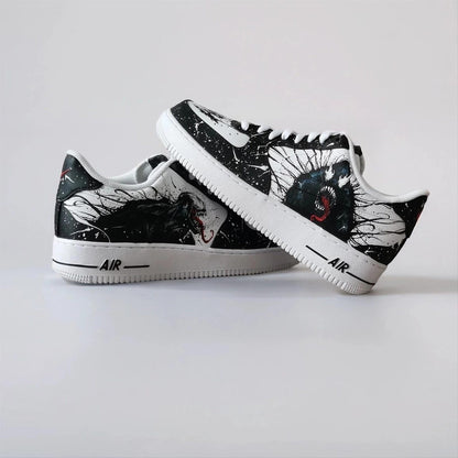 Custom Sneakers – White AF1 with Black Tendrils, Birthday Gift for Men, Symbiote Streetwear Shoes for Fans