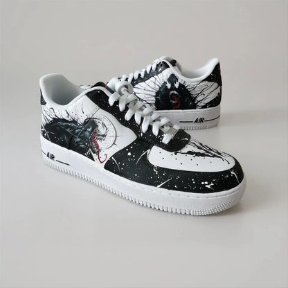 Custom Sneakers – White AF1 with Black Tendrils, Birthday Gift for Men, Symbiote Streetwear Shoes for Fans