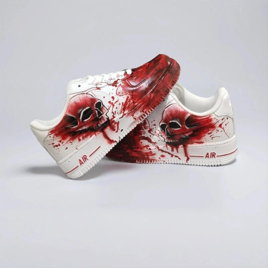 Custom-made Red Splatter Scalp sneakers with hand-painted blood effect and splatter texture, AF1 Horror art sneakers, a unique gift for him
