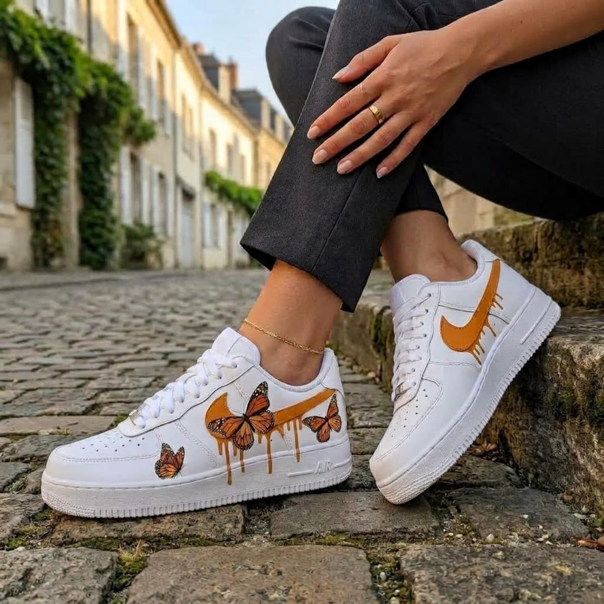 Butterfly Custom Sneakers, Hand Painted Shoes, Monarch Orange Drip, Artistic Footwear