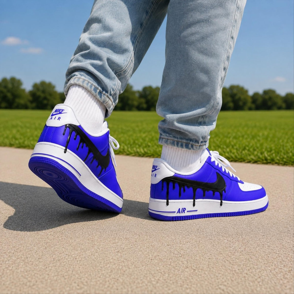 Hand Painted White Blue Drip Air Force 1 Sneakers, Custom Blue Drip AF1 Shoes, Custom Sneakers Gift, Streetwear Gift