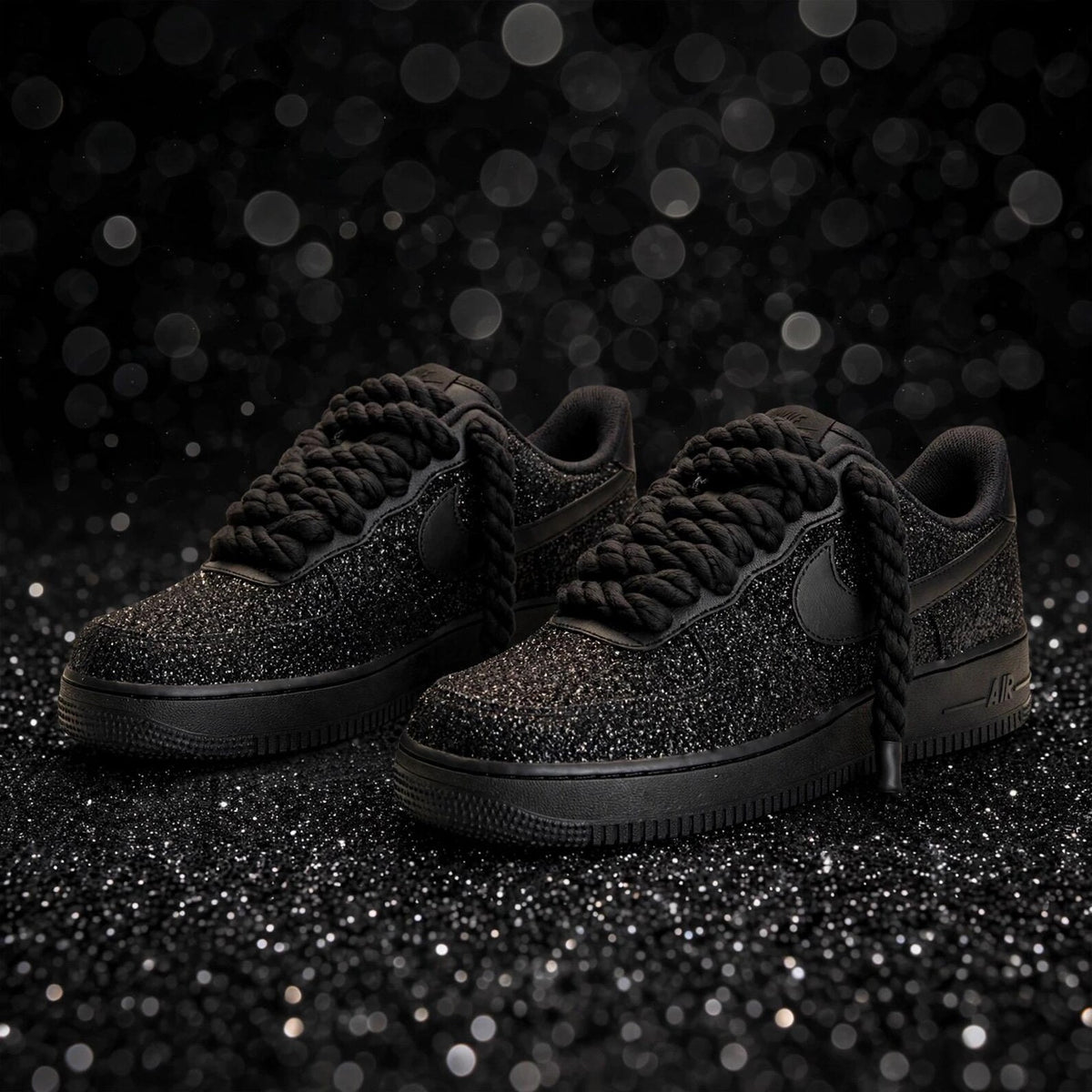 Custom Glitter Low Top Sneakers | Black to Red Fade, Rope Laces (Made to Order)