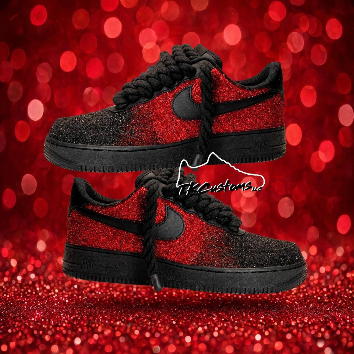 Custom Glitter Low Top Sneakers | Black to Red Fade, Rope Laces (Made to Order)