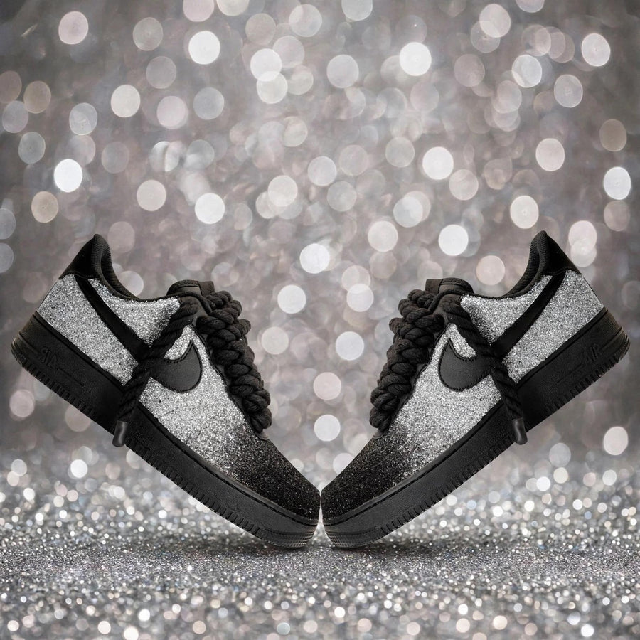 Custom Glitter Low Top Sneakers | Black to Red Fade, Rope Laces (Made to Order)