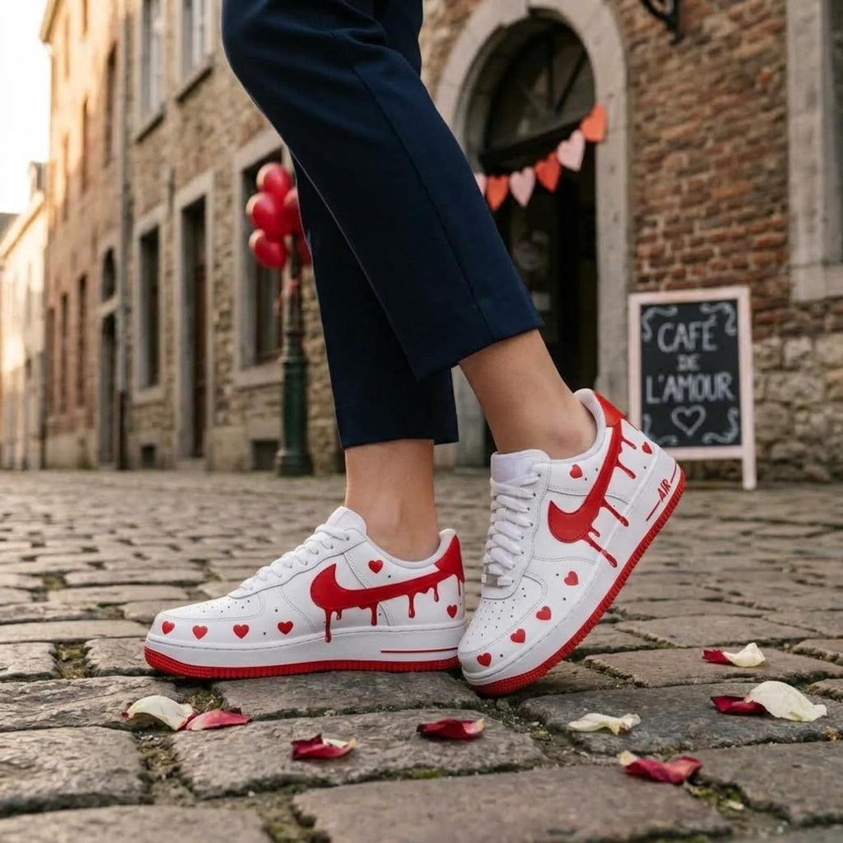 Valentine Custom Sneakers, Hand Painted Shoes, Red Heart Drip, Romantic Footwear Gift for Her