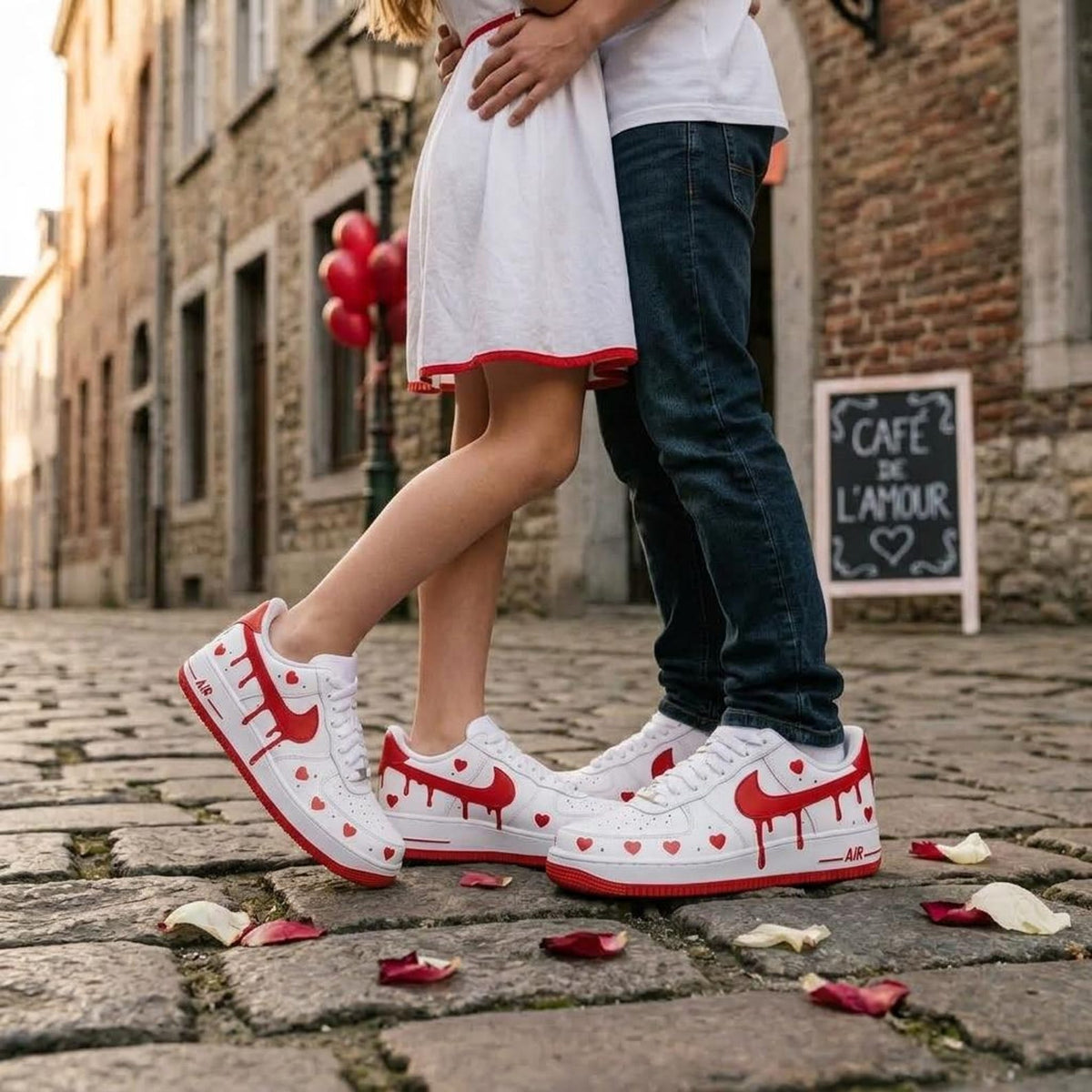Valentine Custom Sneakers, Hand Painted Shoes, Red Heart Drip, Romantic Footwear Gift for Her