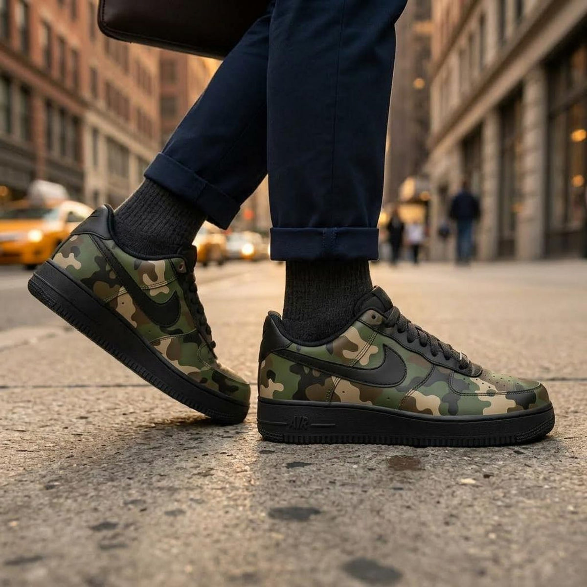 Camo Custom Sneakers, Hand Painted Shoes, Green Black Military Design, Urban Streetwear Gift