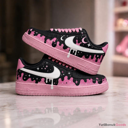 Hand-Painted Cosmic Pink Drip Air Force 1 Sneakers, Celestial Moon Star Kicks