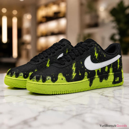 Hand-Painted Neon Lightning Drip Air Force 1 Low Sneakers, Custom Streetwear Kicks