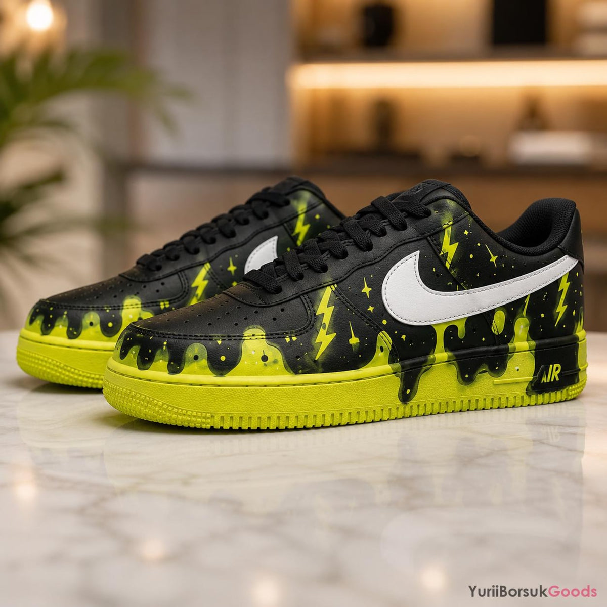 Hand-Painted Neon Lightning Drip Air Force 1 Low Sneakers, Custom Streetwear Kicks
