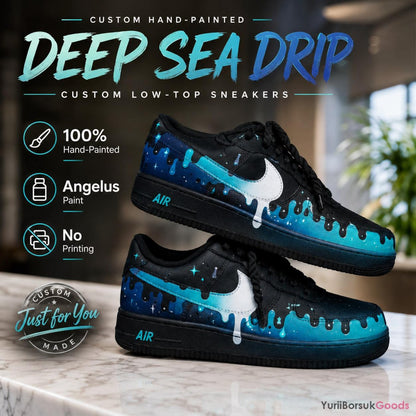 Custom Hand-Painted Air Force 1 Sneakers, Deep Sea Drip Design, Streetwear Gift
