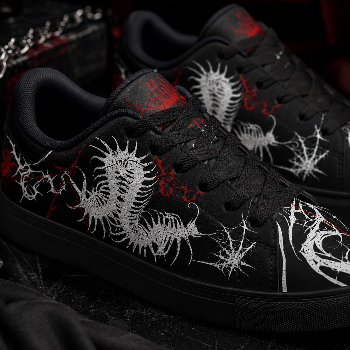 Gothic Centipede Sneakers, Black Low-Top Leather Shoes with Spider Lily Design
