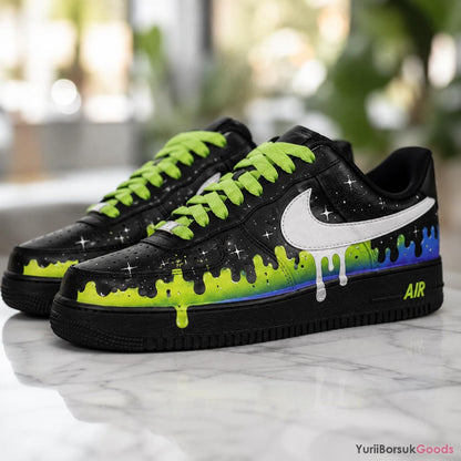 Hand-Painted Cosmic Drip Air Force 1 Sneakers, Neon Galaxy Kicks (Made to Order)