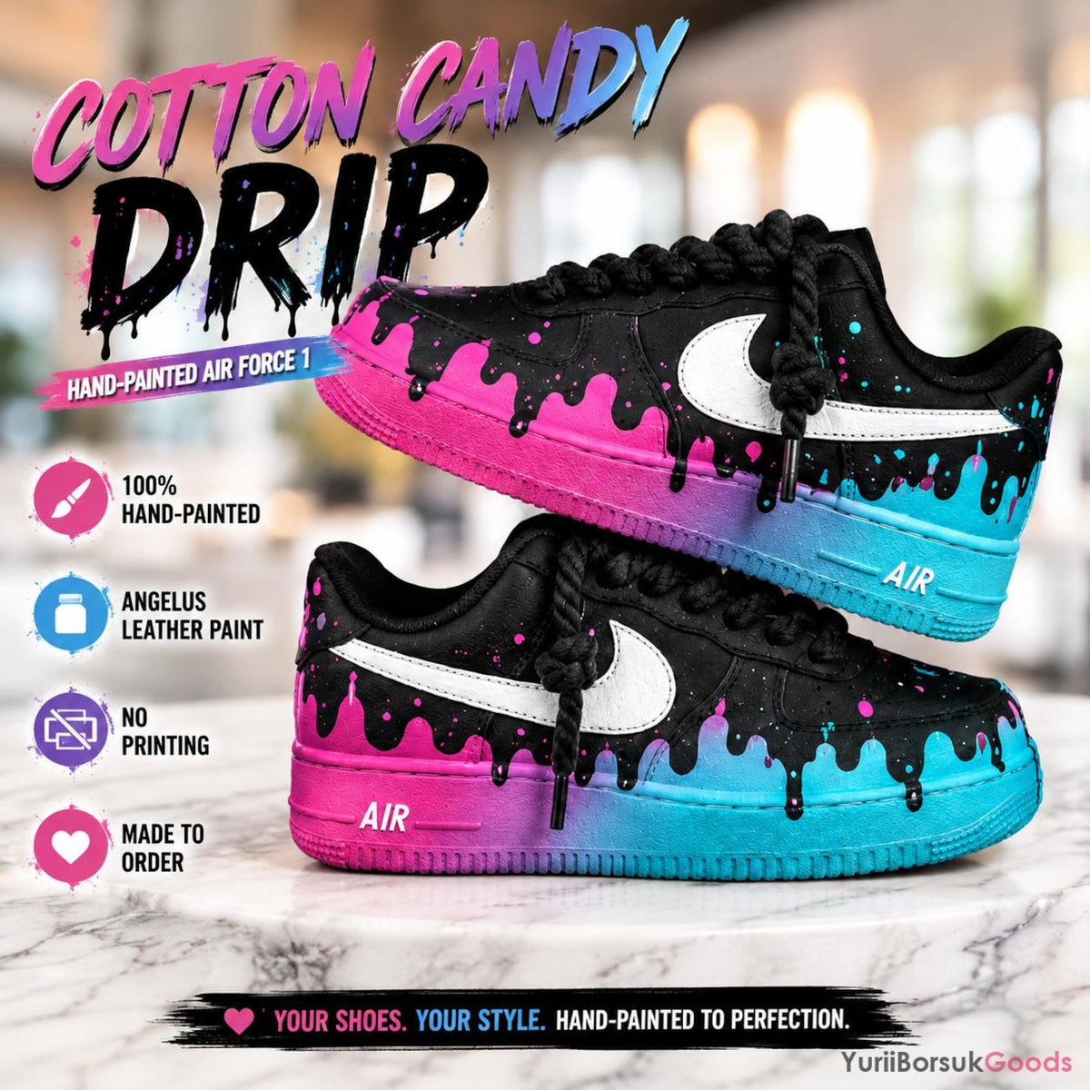 Hand-Painted Cotton Candy Drip Air Force 1 Sneakers, Custom Wedding Shoes (Made to Order)