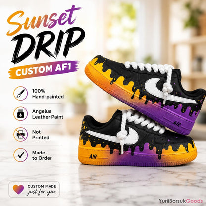 Hand-Painted Sunset Drip Air Force 1 Sneakers, Orange Purple Gradient, Chunky Rope Laces
