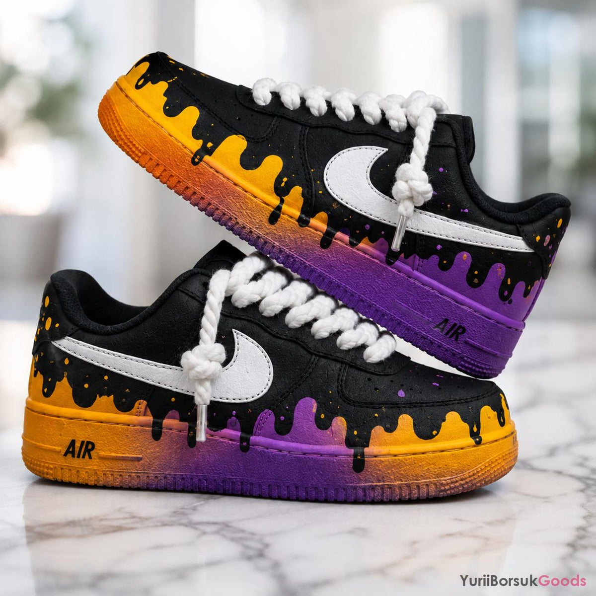 Hand-Painted Sunset Drip Air Force 1 Sneakers, Orange Purple Gradient, Chunky Rope Laces