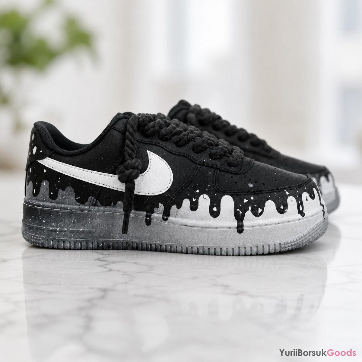 Hand Painted Black White Drip AF1, Chunky Rope Laces Splatter Art Shoes for Men
