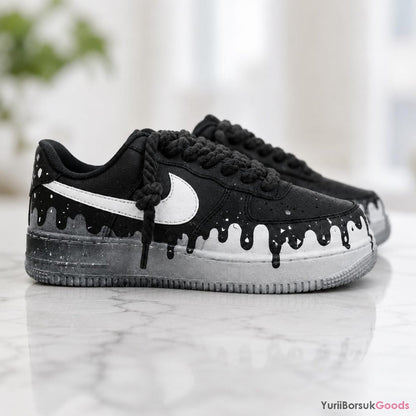 Hand Painted Black White Drip AF1, Chunky Rope Laces Splatter Art Shoes for Men