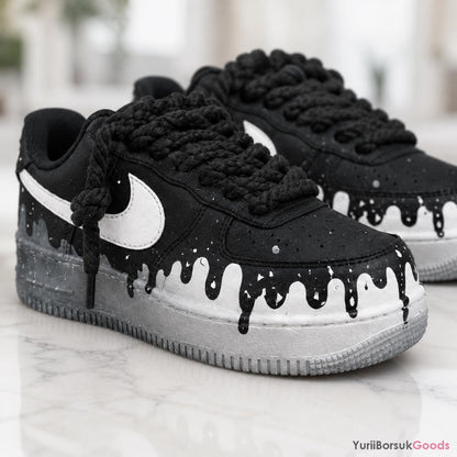 Hand Painted Black White Drip AF1, Chunky Rope Laces Splatter Art Shoes for Men