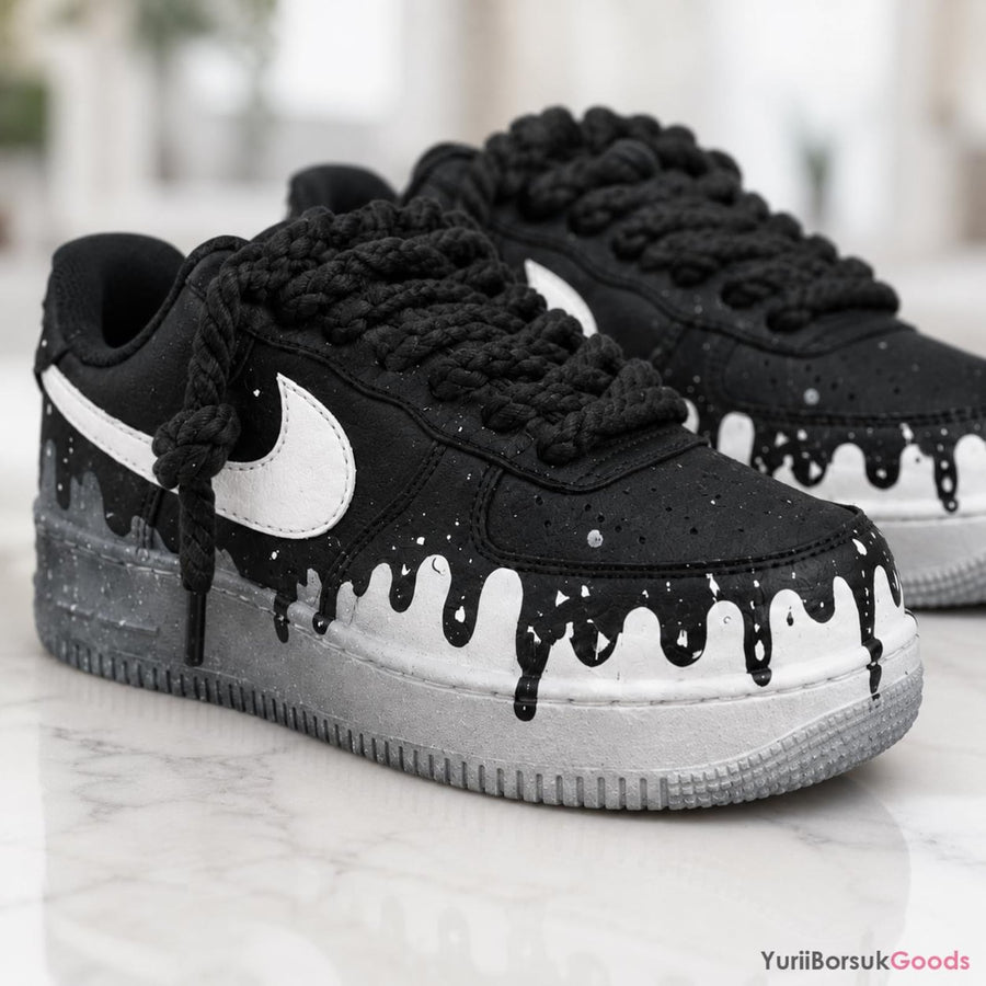 Hand Painted Black White Drip AF1, Chunky Rope Laces Splatter Art Shoes for Men