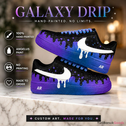 Hand-Painted Galaxy Drip Sneakers, Custom AF1, Purple Blue Star Art (Made to Order)