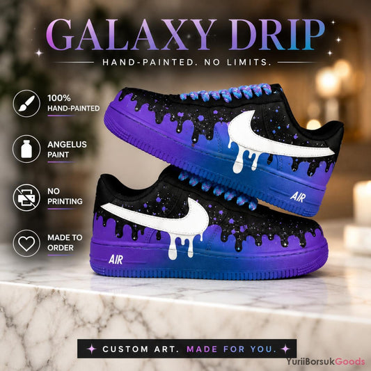 Hand-Painted Galaxy Drip Sneakers, Custom AF1, Purple Blue Star Art (Made to Order)