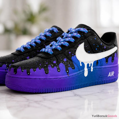 Hand-Painted Galaxy Drip Sneakers, Custom AF1, Purple Blue Star Art (Made to Order)