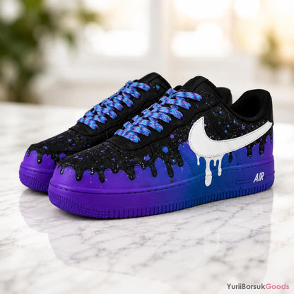 Hand-Painted Galaxy Drip Sneakers, Custom AF1, Purple Blue Star Art (Made to Order)
