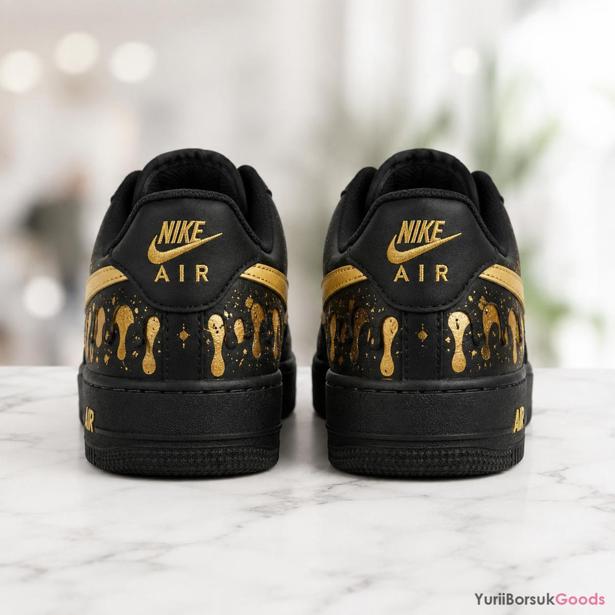 Hand-Painted Golden Drip AF1 Sneakers, Black Metallic Splatter Art, Custom Wedding Gift