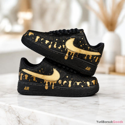 Hand-Painted Golden Drip AF1 Sneakers, Black Metallic Splatter Art, Custom Wedding Gift