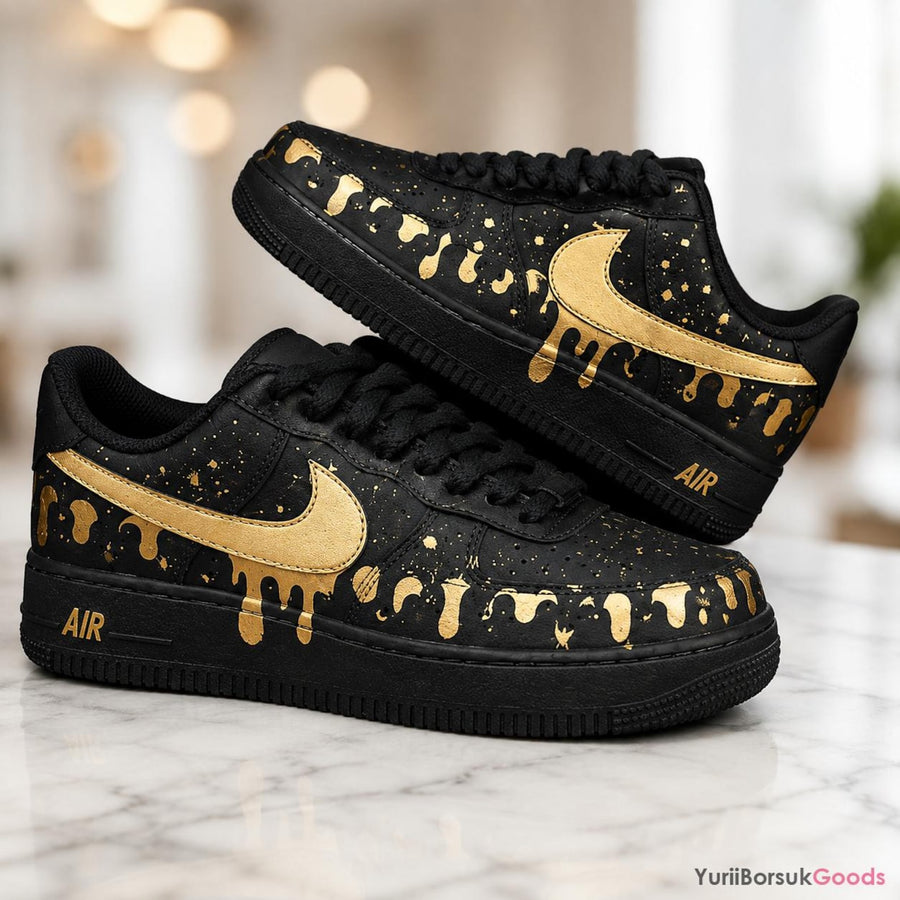 Hand-Painted Golden Drip AF1 Sneakers, Black Metallic Splatter Art, Custom Wedding Gift