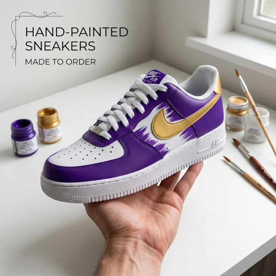 Hand Painted Shoes, Custom Sneakers, Purple Gold Design, Unique Footwear, Personalized Sneaker Gift