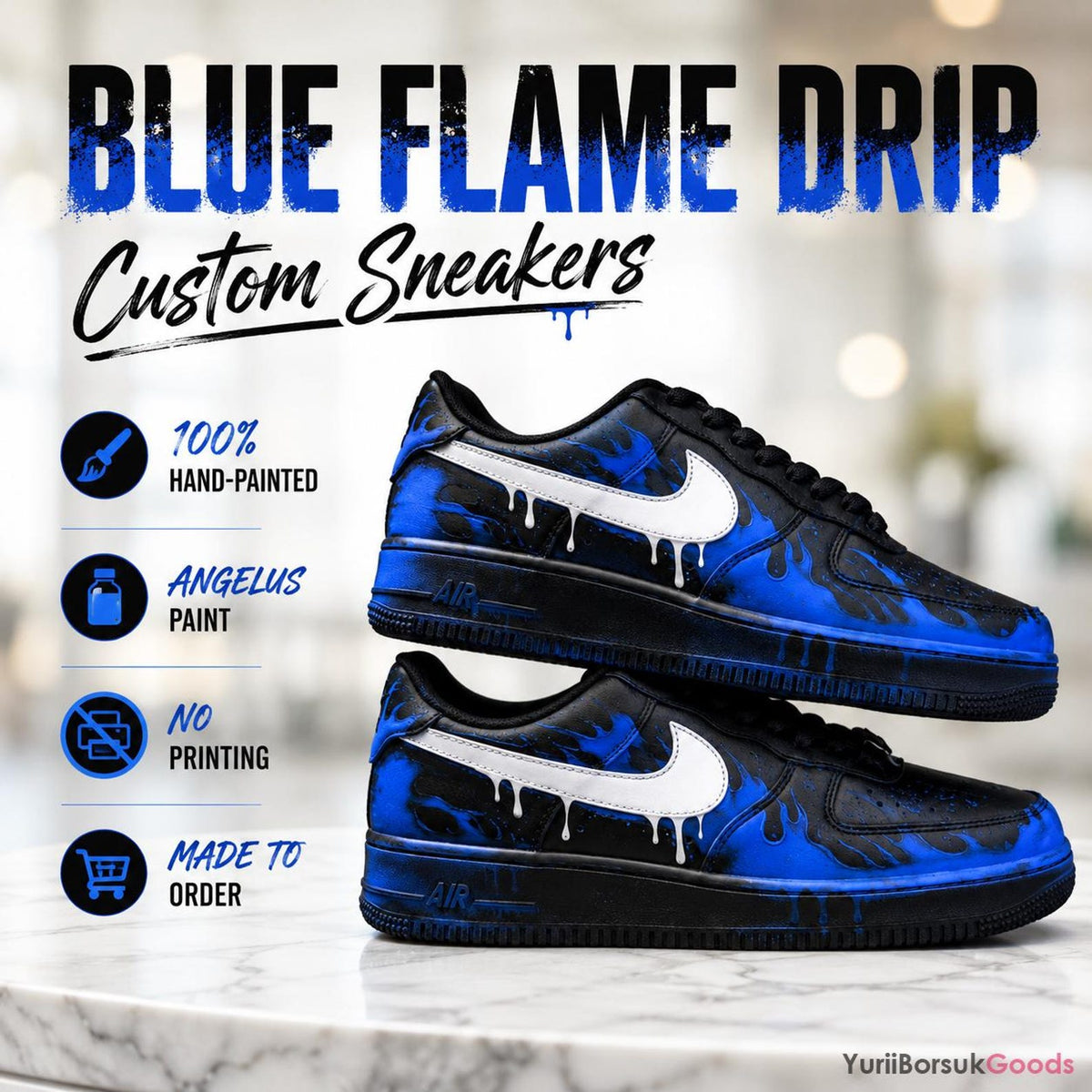 Hand-Painted Blue Flame Drip AF1 Low Sneakers, Custom Wedding Art (Made to Order)