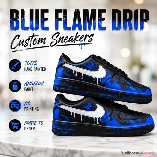 Hand-Painted Blue Flame Drip AF1 Low Sneakers, Custom Wedding Art (Made to Order)