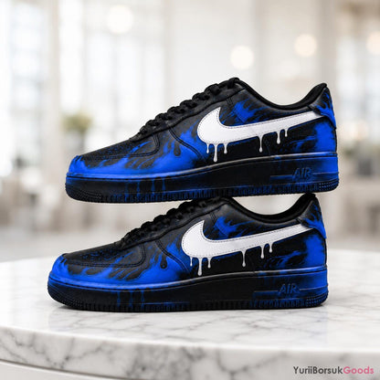 Hand-Painted Blue Flame Drip AF1 Low Sneakers, Custom Wedding Art (Made to Order)